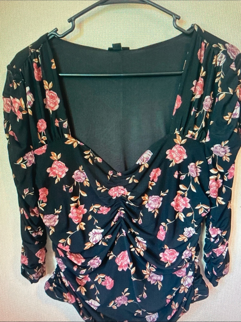 torrid Black Floral Ruched V-Neck Top with Pink Roses
